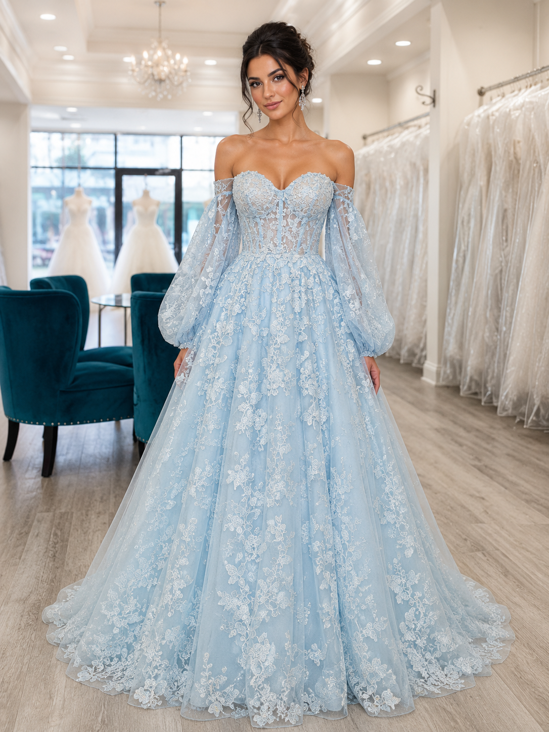 Blue Tulle Butterfly Long Sleeve A Line Prom Dresses – luladress