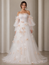 White Tulle Long Sleeve Pleats Off the Shoulder A Line Prom Dresses