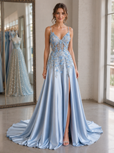 Light Blue Satin Long Spaghetti Straps 3D Flower Prom Dresses