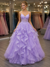 A Line Long Lilac Lace Spaghetti Straps Prom Dresses