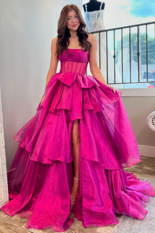 Robes de bal longues en organza sans bretelles fuchsia coupe trapèze