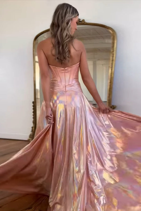 Robe de bal rose métallique avec cœur, longues robes de soirée formelles
