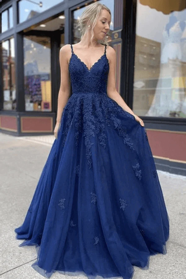 V-neck Navy Blue Tulle Lace A-line Prom Dresses, Long Formal Dresses