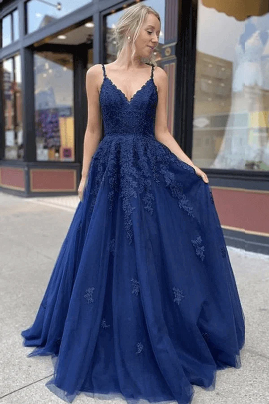 V-neck Navy Blue Tulle Lace A-line Prom Dresses, Long Formal Dresses