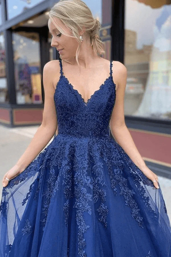 V-neck Navy Blue Tulle Lace A-line Prom Dresses, Long Formal Dresses