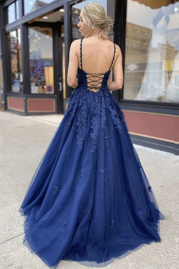 V-neck Navy Blue Tulle Lace A-line Prom Dresses, Long Formal Dresses