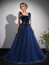 Navy Blue Tulle Spaghetti Straps A Line Prom Dresses