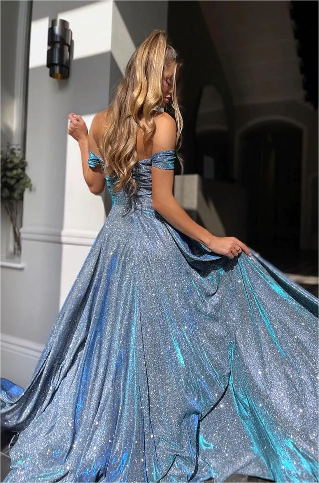 Off The Shoulder Sparkly Long Prom Dresses With Split