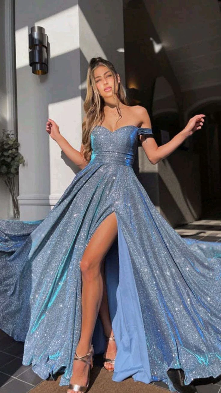 Off The Shoulder Sparkly Long Prom Dresses With Split
