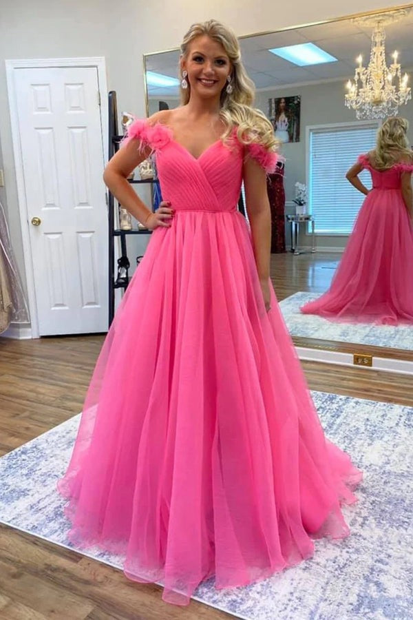 3D Flowers Off Shoulder Hot Pink Tulle Prom Dresses luladress 3D Flowers Off Shoulder Hot Pink Tulle Prom Dresses luladress