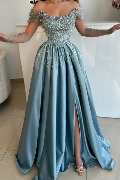 Off the shoudler Pearls Dusty Blue A-line Floor length Prom Dresses luladress Off the shoudler Pearls Dusty Blue A-line Floor length Prom Dresses luladress