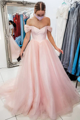 A-line Off Shoulder Pink Tulle Long Prom Dresses, Evening Gown With Train