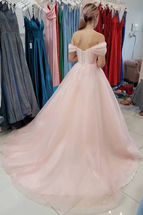 A-line Off Shoulder Pink Tulle Long Prom Dresses, Evening Gown With Train