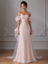 Pink Sequins Strapless Pearls Mermaid Prom Dresses