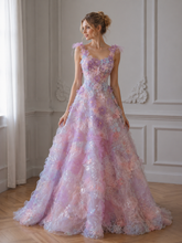 Pink Tulle Flower Princess A Line Long Prom Dresses