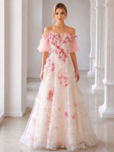 Pink Tulle Sequins 3D Flower A Line Prom Dresses