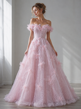 Pink A Line Tulle Sequins Off the Shoulder Flower Prom Dresses