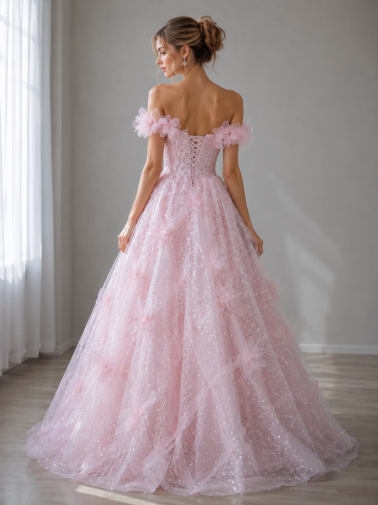 Robes de bal roses en tulle et sequins, coupe trapèze, épaules dénudées, à fleurs