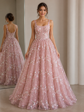 Pink Long Tulle Lace Straps A Line Prom Dresses