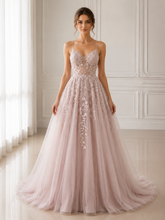 Pink Tulle Spaghetti Straps Appliques Cross Straps Back Prom Dress