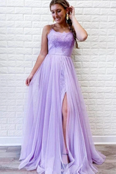 Purple A-line Tulle Lace Backless Prom Dresses With Slit, Evening Dresses