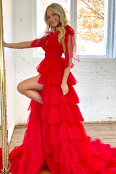 A-Line Red Tulle V-Neck Long Prom Dresses