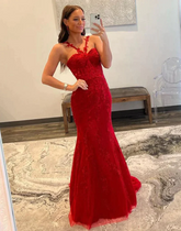 Red Spaghetti Straps Long Mermaid Prom Dresses