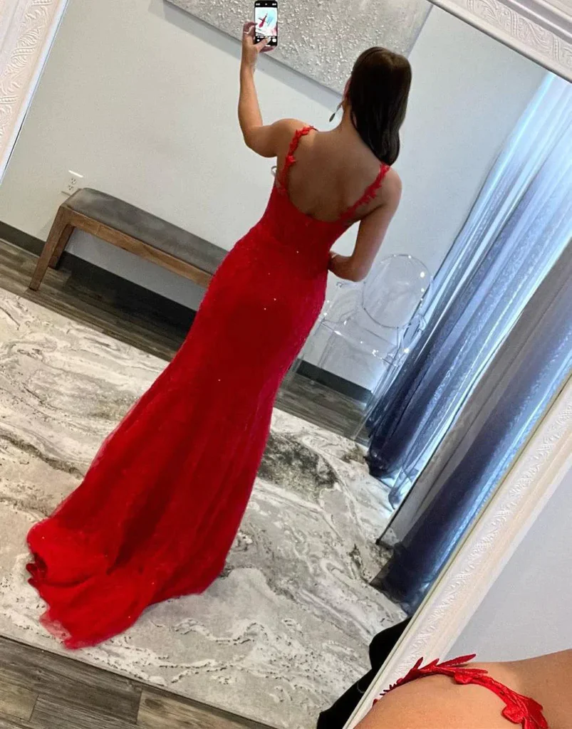 Red Spaghetti Straps Long Mermaid  Prom Dresses