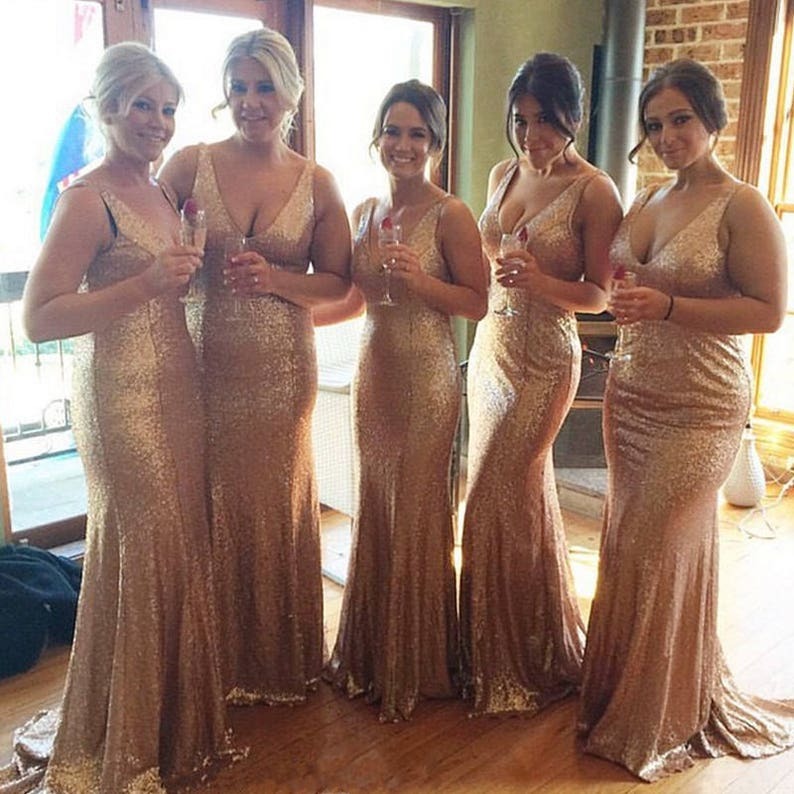 Long Sleeveless V Neck Sequin Rose Gold Bridesmaid Dresses With Train – luladress
