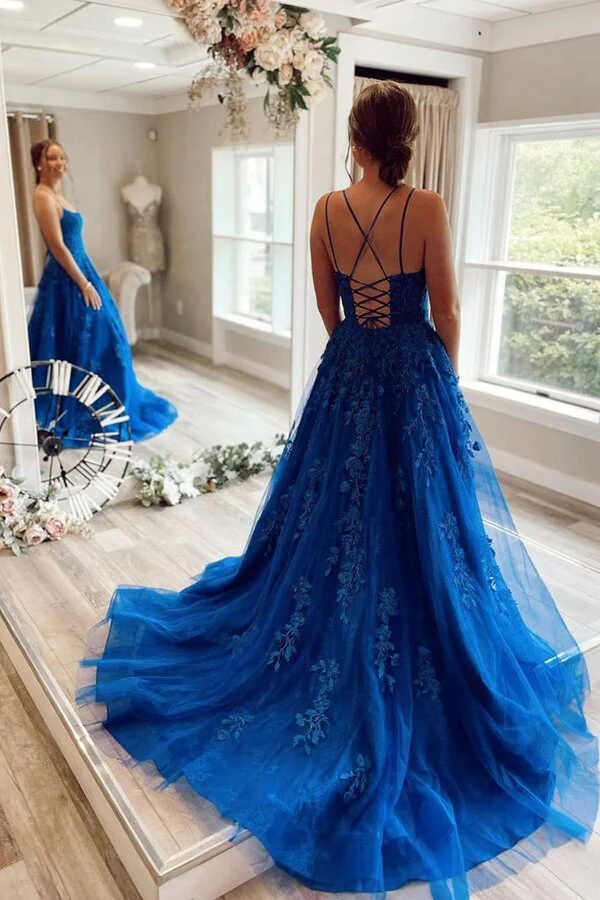 Royal Blue Princess Tulle Prom Dresses With Lace Appliques, Formal Dress