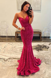 Fuchsia Glitter Strapless Keyhole Back Sequin Long Mermaid Prom Dress