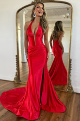 Sexy Red Mermaid Halter Neck Long Satin Prom Dress
