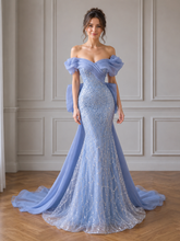 Sexy Blue Mermaid Tulle Sequins Off the Shoulder Prom Dresses