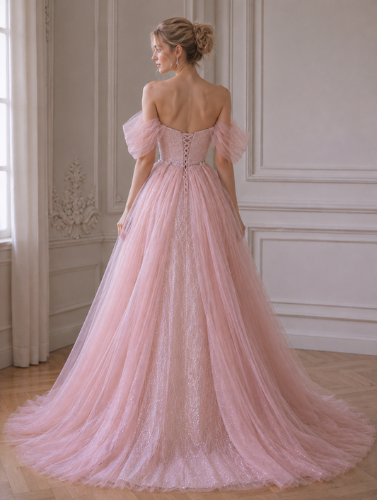 Robes de bal sirène sexy en tulle et sequins rose vif, avec épaules dénudées