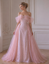 Sexy Pink Mermaid Tulle Sequins Off the Shoulder Prom Dresses