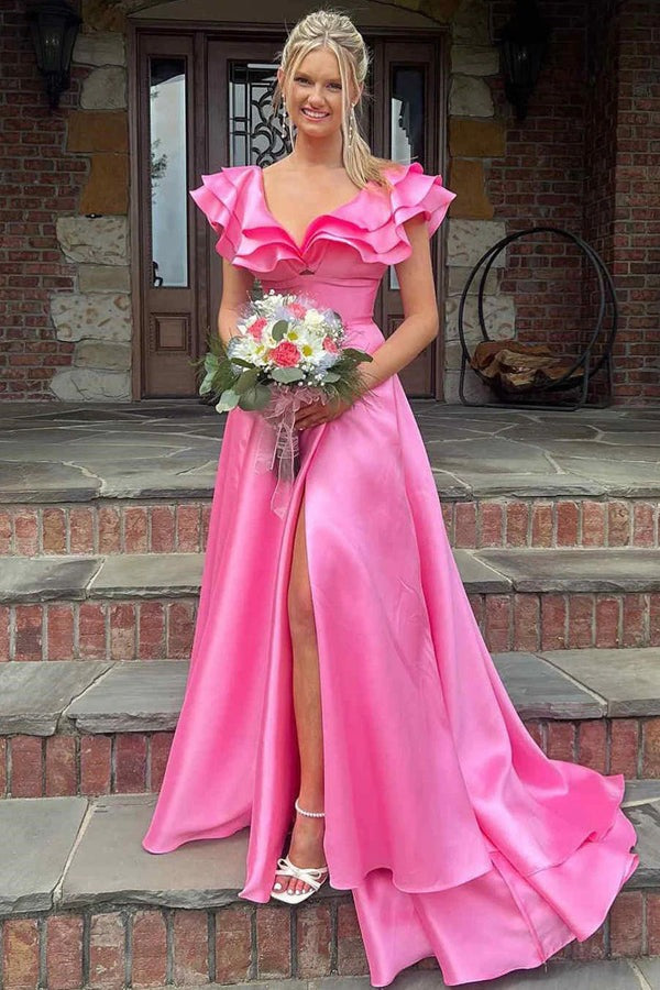 Silky Satin V Neck Ruffles Hot Pink Prom Dresses Formal Dresses PSK542 US10 / Hot Pink Silky Satin V Neck Ruffles Hot Pink Prom Dresses Formal Dresses PSK542 US10 / Hot Pink