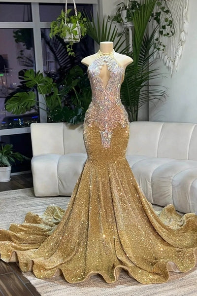Silver Beaded Sequin Court Train Sleeveless Mermaid Prom Dresses