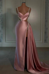 Silver Beaded Straps Shiny Pink Satin High Split Mermaid Prom Dresses