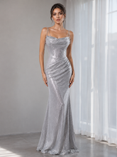 Silver Mermaid Sequins Spaghetti Straps Pleats Prom Dresses