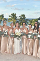 Simple Champagne Birdesmaid Dresses Spaghetti Straps V-Neck Party Dresses
