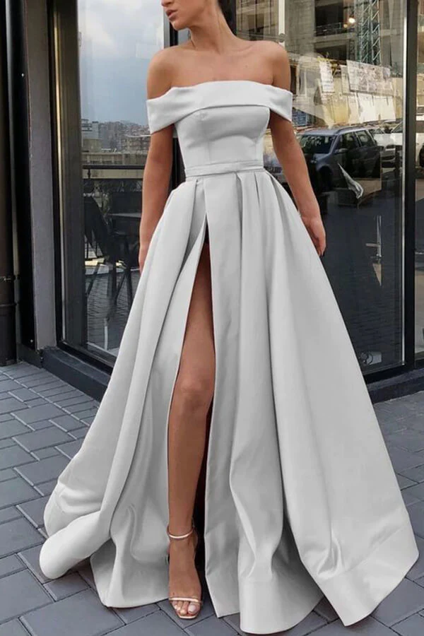 Simple Pink Satin A-Line Sweep Train Off Shoulder Prom Dresses Custom Color / Custom Size Simple Pink Satin A-Line Sweep Train Off Shoulder Prom Dresses Custom Color / Custom Size