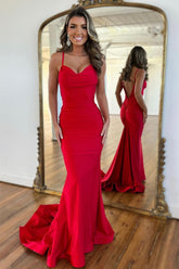Satin Red Mermaid Spaghetti Straps Long Prom Dresses