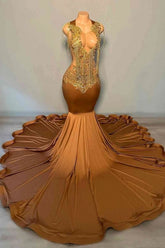 Sleeveless Brown Satin Tassels Gold Sequin Court Train Mermaid Prom Dresses