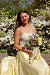 Spaghetti Straps Yellow Appliques A-line Long Prom Dresses