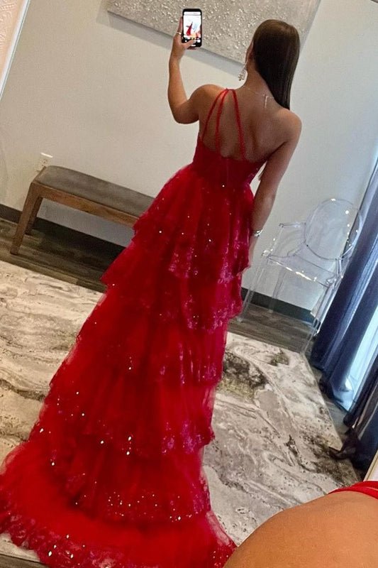 Robe de bal longue rouge foncé trapèze à paillettes, asymétrique et à volants