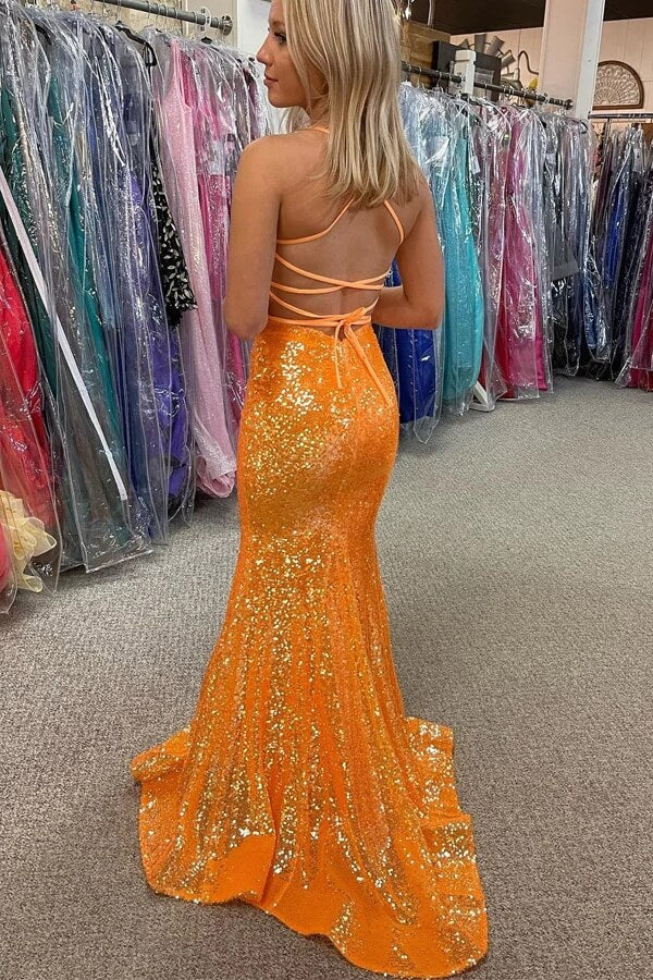 Sparkly Orange Sequins Mermaid V-neck Prom Dresses, Long Formal Dresses