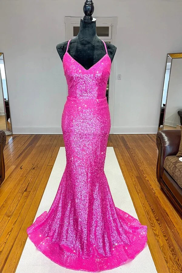 Sparkly Orange Sequins Mermaid V-neck Prom Dresses, Long Formal Dresses
