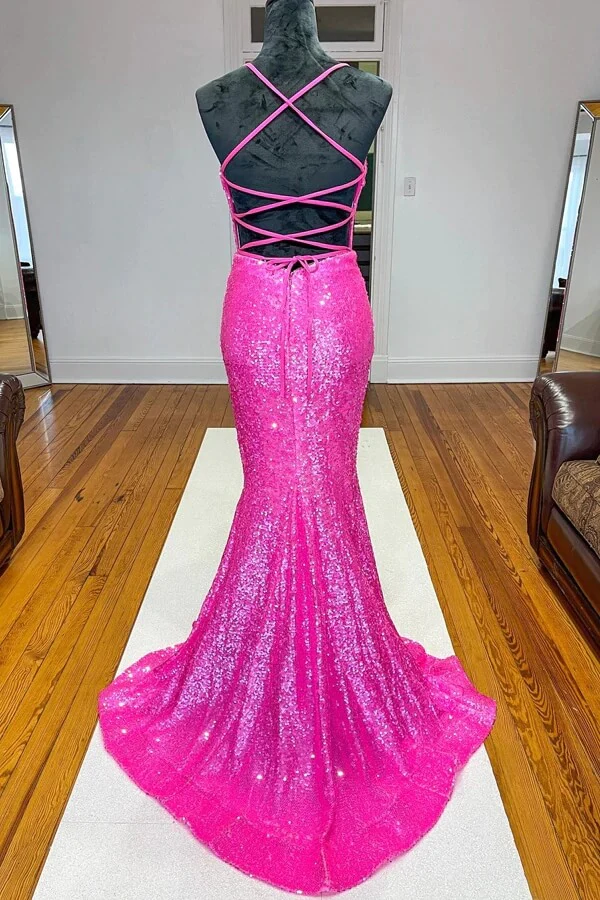 Sparkly Orange Sequins Mermaid V-neck Prom Dresses, Long Formal Dresses
