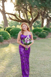 Mermaid Strapless Purple Sequin Long Prom Dresses