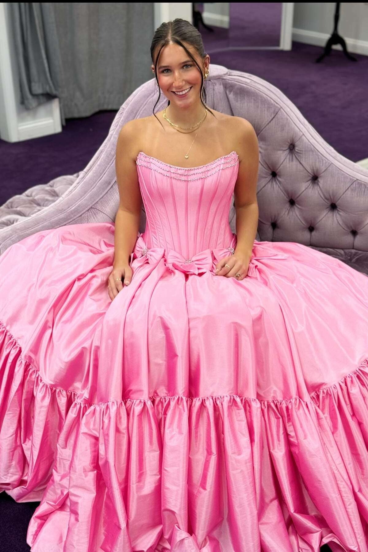 Sweet Ball Gown Scoop Neck Taffeta Pink Long Prom Dresses